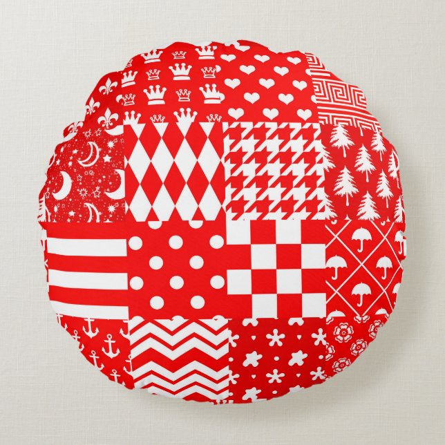 Rode Witte Gemengde Patchwork Patchwork Ontwerp Rond Kussen (Voorkant)