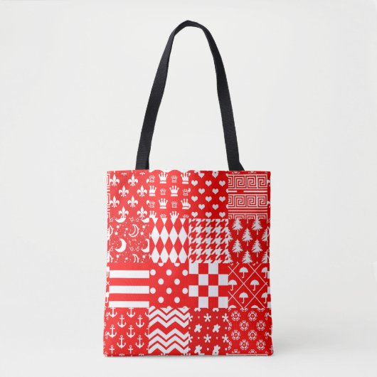 Rode Witte Gemengde Patchwork Patchwork Ontwerp Tote Bag (Voorkant)