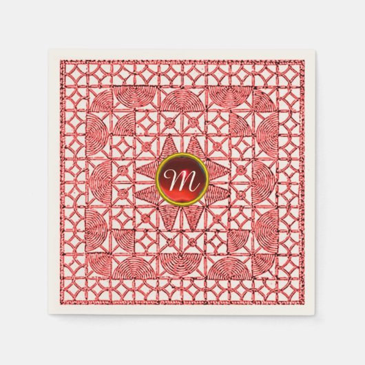 RODE WITTE GEOMETRISCHE LACE GEM STONE MONOGRAM SERVET (Voorkant)