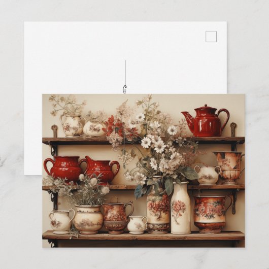 Rode witte gerechten Koffiepot Creamer Suikermadel Briefkaart (Voorkant / Achterkant)