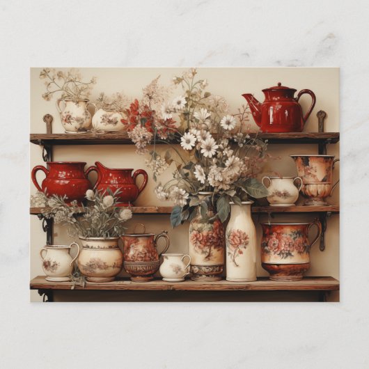 Rode witte gerechten Koffiepot Creamer Suikermadel Briefkaart (Voorkant)