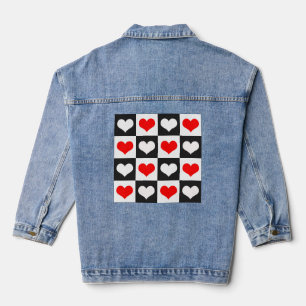 Rode Witte Geruite Harten Denim Jacket