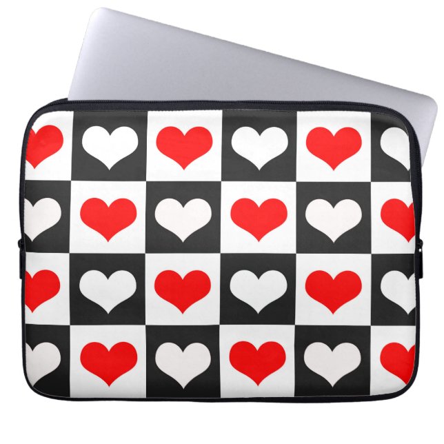 Rode Witte Geruite Harten Laptop Sleeve (Voorkant)