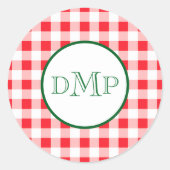 Rode witte geruite MONOGRAM Ronde Sticker (Voorkant)