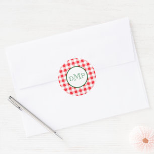 Rode witte geruite MONOGRAM Ronde Sticker