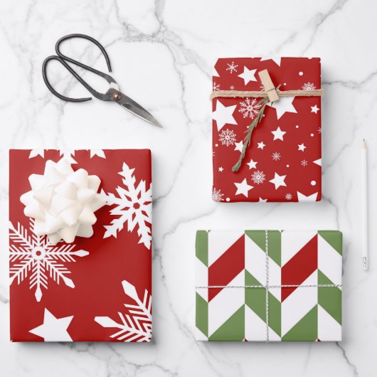 RODE WITTE GROEN SNOWFLAKES STARS STRIPES INPAKPAPIER VEL (Voorkant)