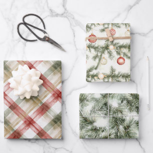 Rode Witte Groene Geruite Strepen Kerstboom   Inpakpapier Vel
