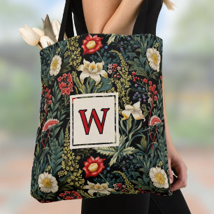 Rode Witte Groene Lelies Dahlias Bloemige Monogram Tote Bag