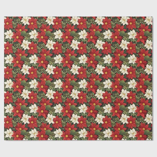 Rode Witte Groene Poinsettia Bloemen Patroon Cadeaupapier (Vlak)