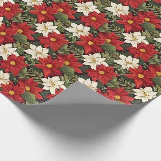 Rode Witte Groene Poinsettia Bloemen Patroon Cadeaupapier (Hoek)