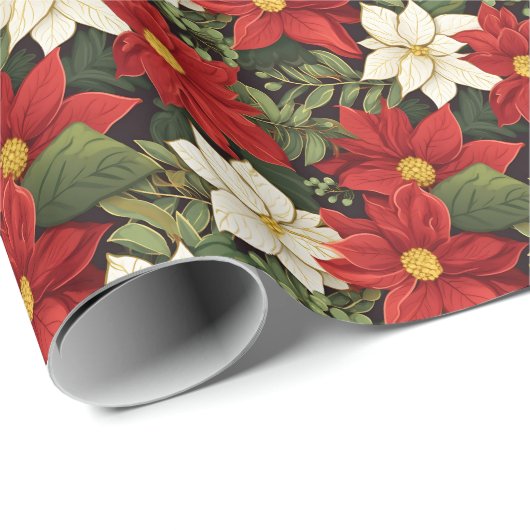 Rode Witte Groene Poinsettia Bloemen Patroon Cadeaupapier (Rol Hoek)