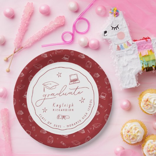 Rode Witte Hand Getrokken Afstudeerder Partij Papi Papieren Bordje (Feest)