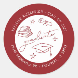 Rode witte handgetekende Afstuderen envelop afdich Ronde Sticker
