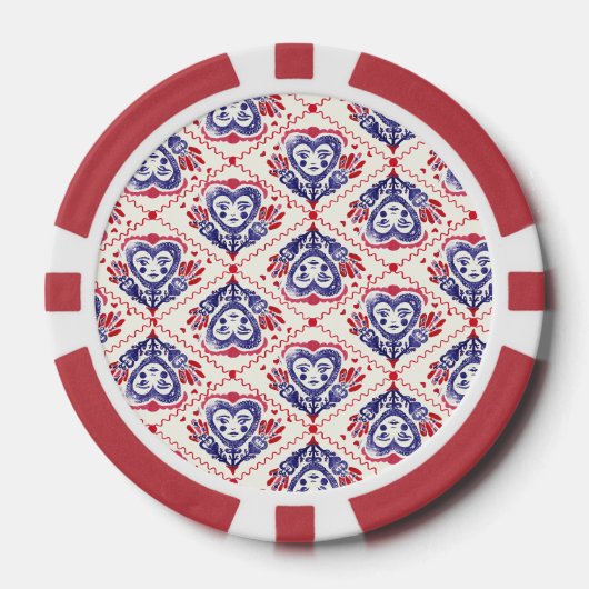 Rode Witte Hartenkoningin Linocut Poker Chips (Voorkant)