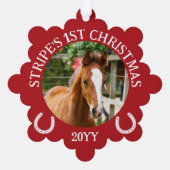 Rode witte Hoefijzers Veulen 1e Kerstmis Ornament Kaart (Achterkant)