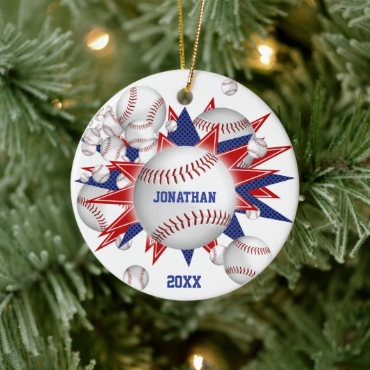 rode, witte honkbalknuppel keramisch ornament (Boom)