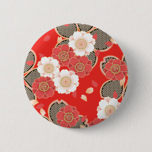 Rode & Witte Japanse Kimono Sakura Ronde Button 5,7 Cm
