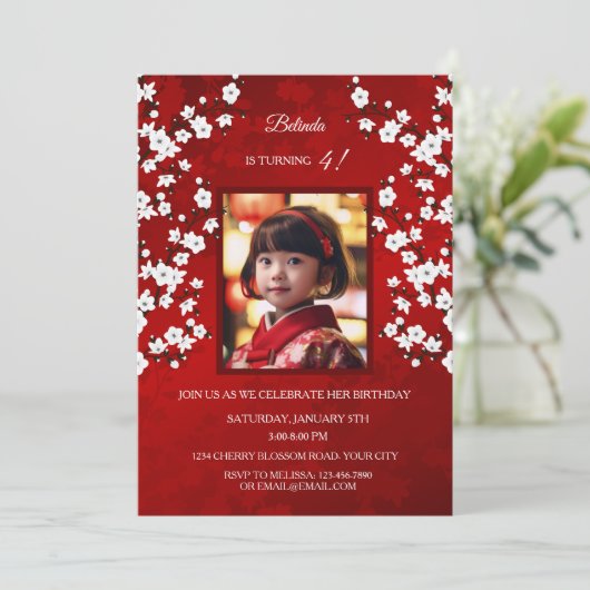 Rode witte kersenbloesem | Foto's Verjaardag Meisj Kaart (Staand voorkant)