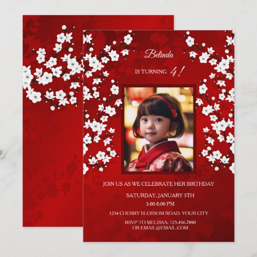 Rode witte kersenbloesem | Foto's Verjaardag Meisj Kaart (Voorkant / Achterkant)