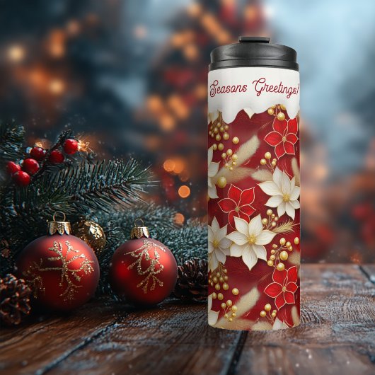 Rode Witte Kerst Bloemen Patroon#17 ID1009 Thermosbeker