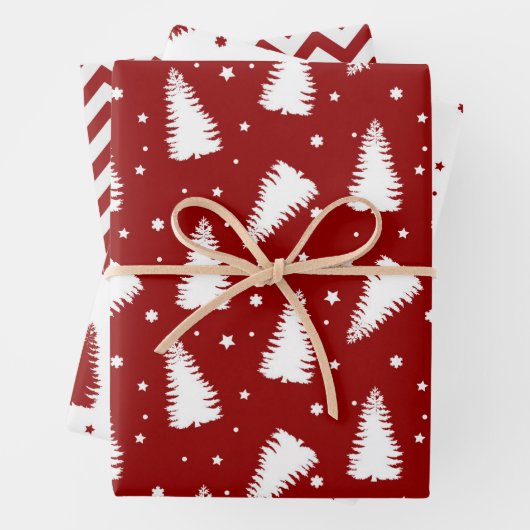 Rode witte kerstbomen Chevron Holiday Inpakpapier Vel (In situ)