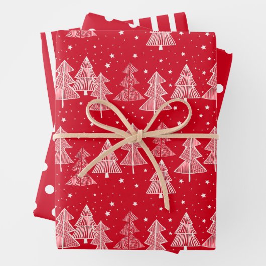 Rode witte kerstbomen Polka Dots Stripe Inpakpapier Vel (In situ)