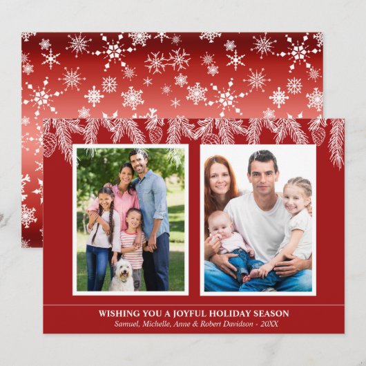 Rode Witte Kerstdennen Sneeuwvlokken Familiefoto Feestdagenkaart (Voorkant / Achterkant)