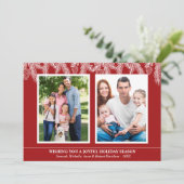 Rode Witte Kerstdennen Sneeuwvlokken Familiefoto Feestdagenkaart (Staand voorkant)