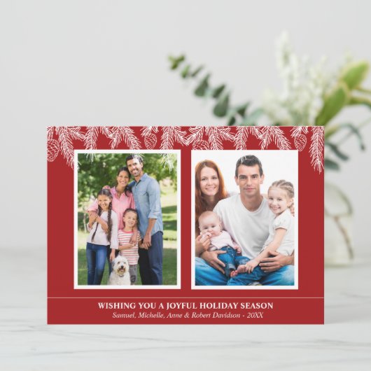 Rode Witte Kerstdennen Sneeuwvlokken Familiefoto Feestdagenkaart (Staand voorkant)