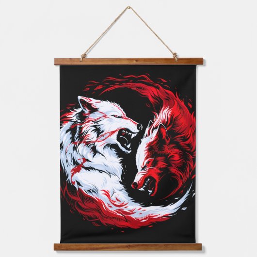 Rode Witte Kosmische Wolf Krijger Hangend Wandkleed (Voorkant)