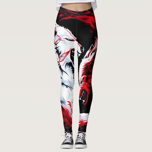 Rode Witte Kosmische Wolf Krijger Leggings (Voorkant)
