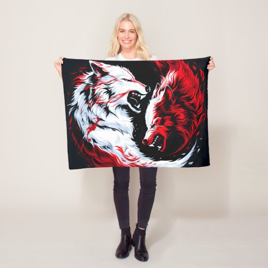 Rode Witte Kosmische Wolfkrijger Fleece Deken (In situ)