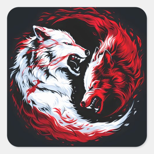 Rode Witte Kosmische Wolfkrijger Vierkante Sticker (Voorkant)