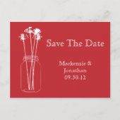 Rode Witte Mason Jar Floral Bewaar de datum Aankondigingskaart (Voorkant)