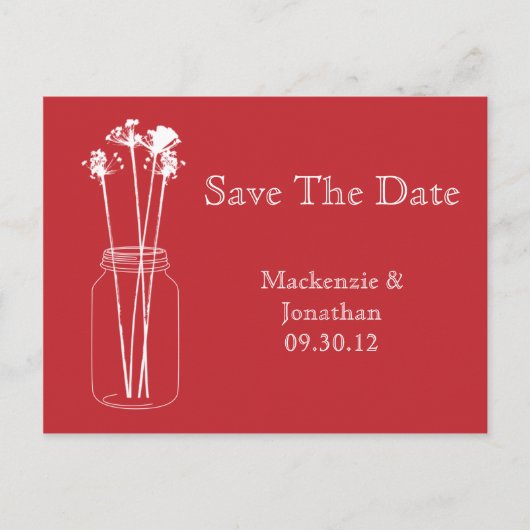  Rode Witte Mason Jar Floral Bewaar de datum Aankondigingskaart (Voorkant)