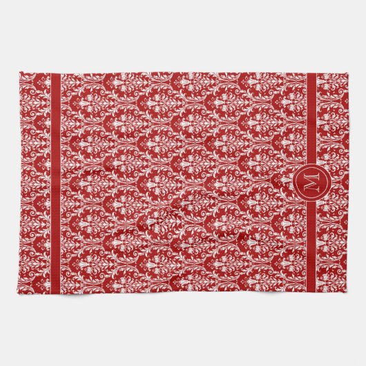Rode witte monogram Chic Damask Floral Swirls Theedoek (Horizontaal)