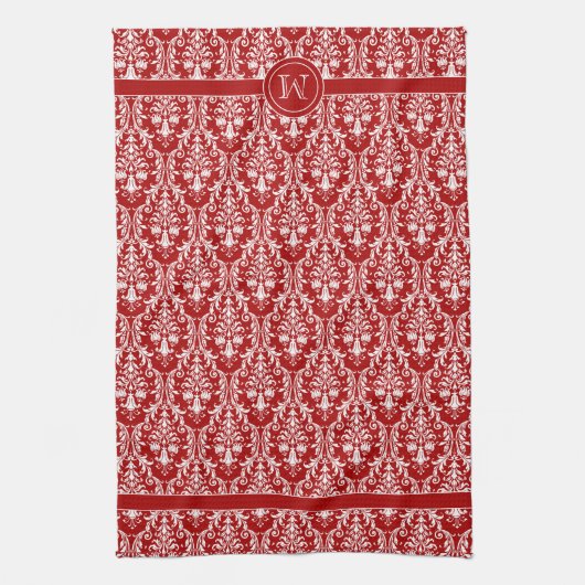 Rode witte monogram Chic Damask Floral Swirls Theedoek (Verticaal)