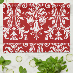 Rode witte monogram Chic Damask Floral Swirls Theedoek