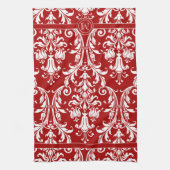 Rode witte monogram Chic Damask Floral Swirls Theedoek (Verticaal)