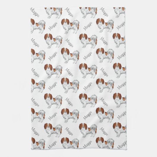 Rode Witte Phalène Hond Patroon Met Naam Van De Ho Theedoek (Verticaal)