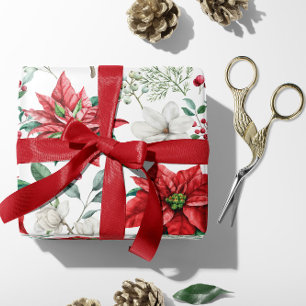 Rode & Witte Poinsettia, Bessen, Holly Kerstmis Cadeaupapier