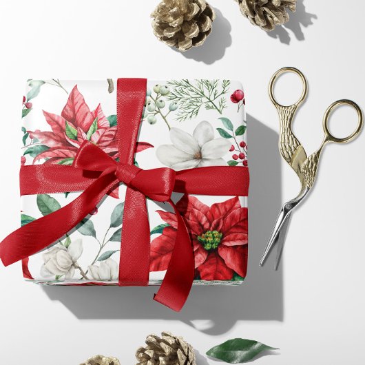 Rode & Witte Poinsettia, Bessen, Holly Kerstmis Cadeaupapier