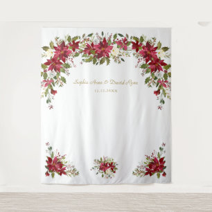Rode Witte Poinsettia Bruiloft Foto Booth Achtergr Wandkleed