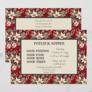 Rode Witte Poinsettia Kerst POT LUCK Diner Kaart