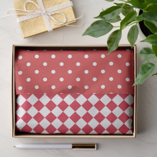 Rode Witte Polka Dot Checkerboard Designer Tissuepapier (Geschenk)