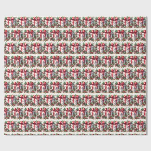 Rode Witte Polka Dot Coquette Bow en Holly Cadeaupapier (Vlak)