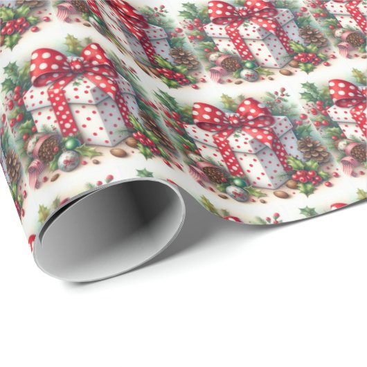  Rode Witte Polka Dot Coquette Bow en Holly Cadeaupapier (Rol Hoek)