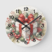 Rode Witte Polka Dot Coquette Bow en Holly Ronde Klok (Voorkant)