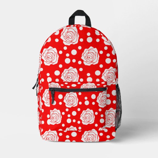 Rode witte polka stippen bloemenillustratieontwerp bedrukte rugzak (Voorkant)