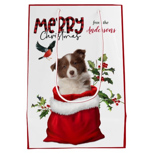 Rode witte rand Collie Puppy Dog Kerstmis Medium Cadeauzakje (Achterkant)